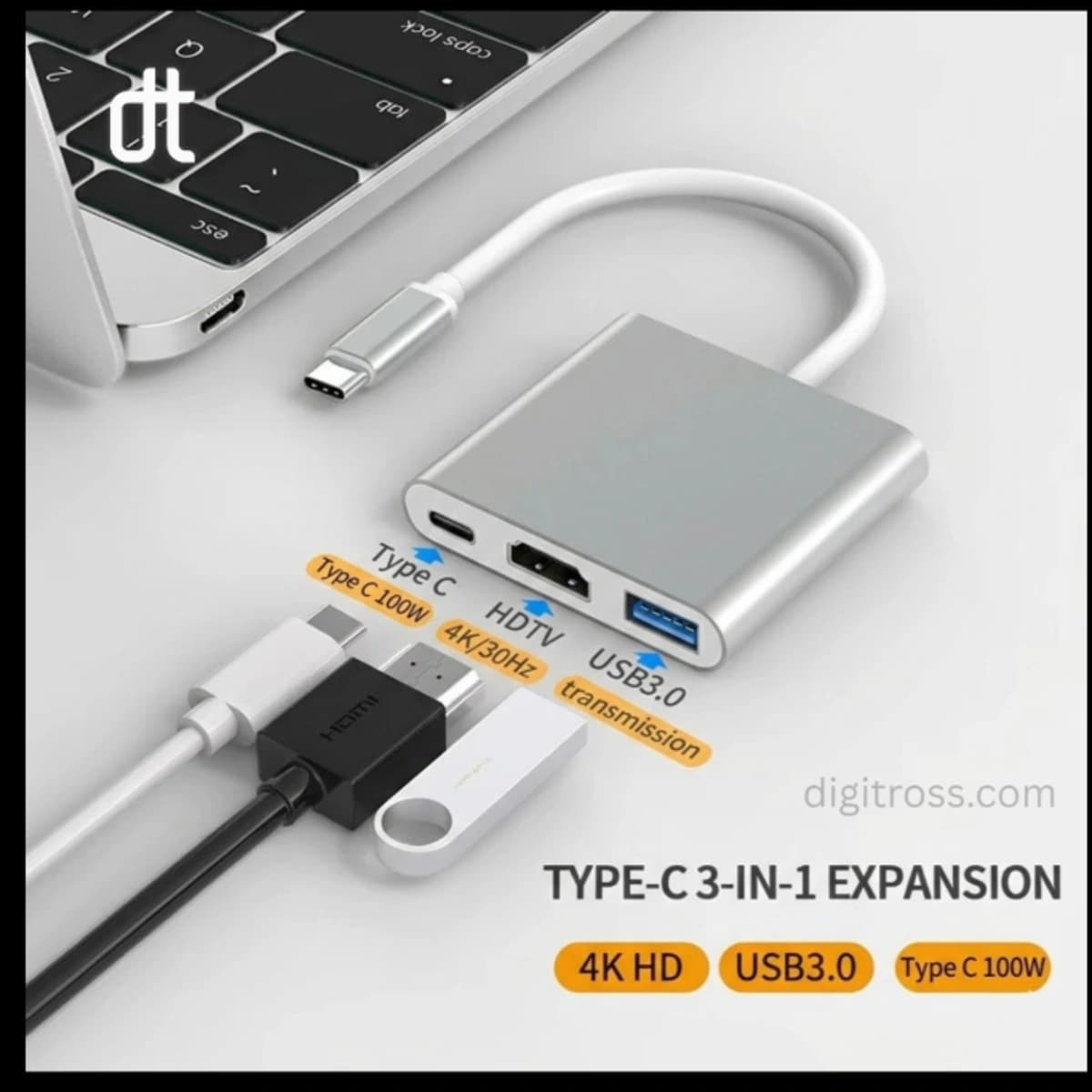 3 in 1 USB-C Hub Adapter with 4K HDMI & USB 3.0 Ports – Type-C to HDMI Multiport Converter for Laptop, MacBook, Tablet & Android