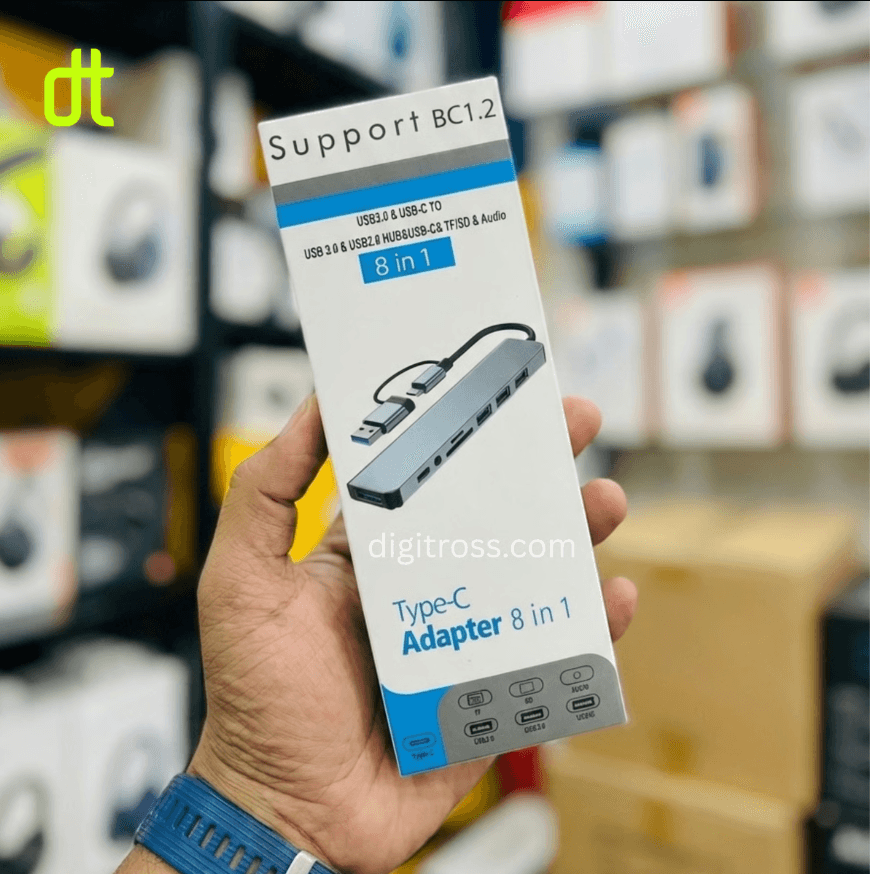 USB A/C 8 in 1 Hub with 4x USB A, 1x USB C, 3.5mm Audio, SD/TF Card Reader for Windows Desktop, Laptop, Macbook & Android
