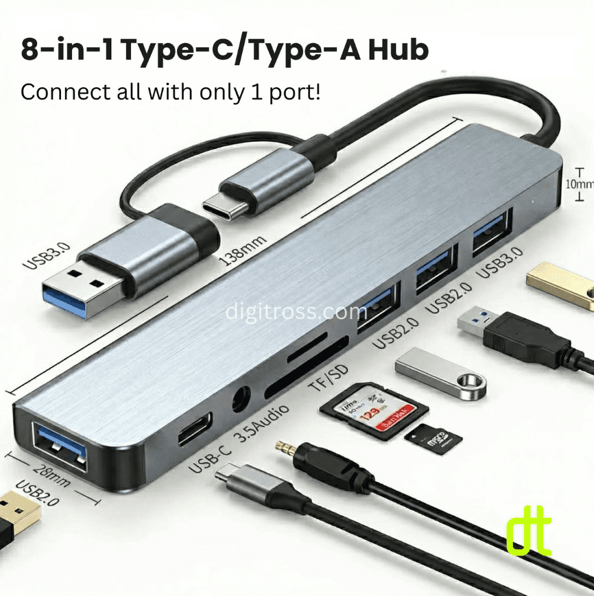 USB A/C 8 in 1 Hub with 4x USB A, 1x USB C, 3.5mm Audio, SD/TF Card Reader for Windows Desktop, Laptop, Macbook & Android — view 4