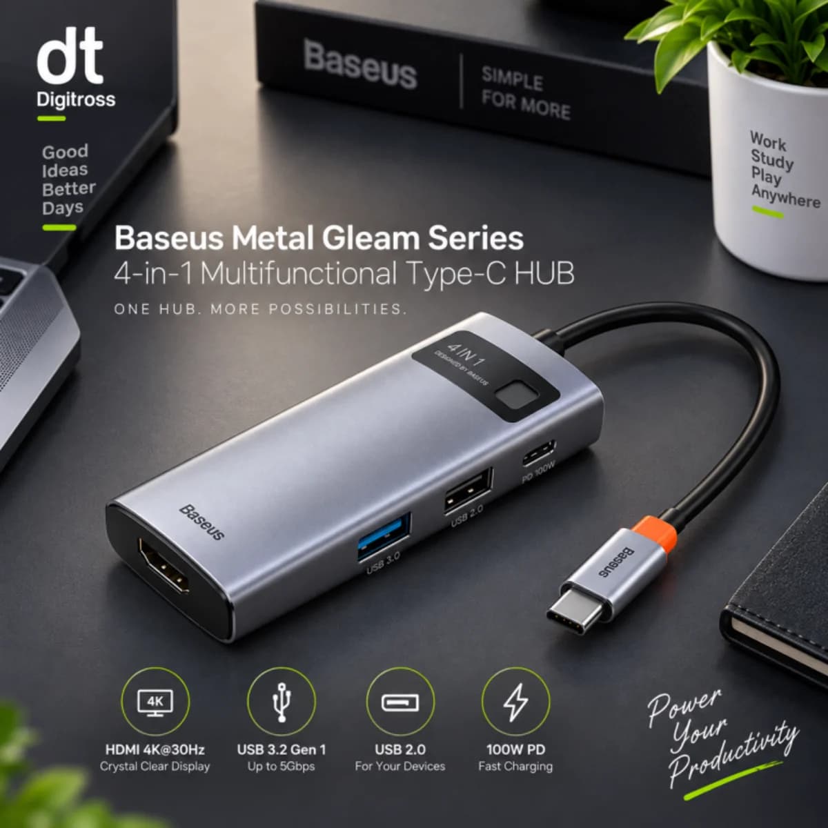 BASEUS METAL GLEAM SERIES 4 IN 1 MULTIFUNCTIONAL TYPE-C HUB DOCKING STATION GREY — view 2