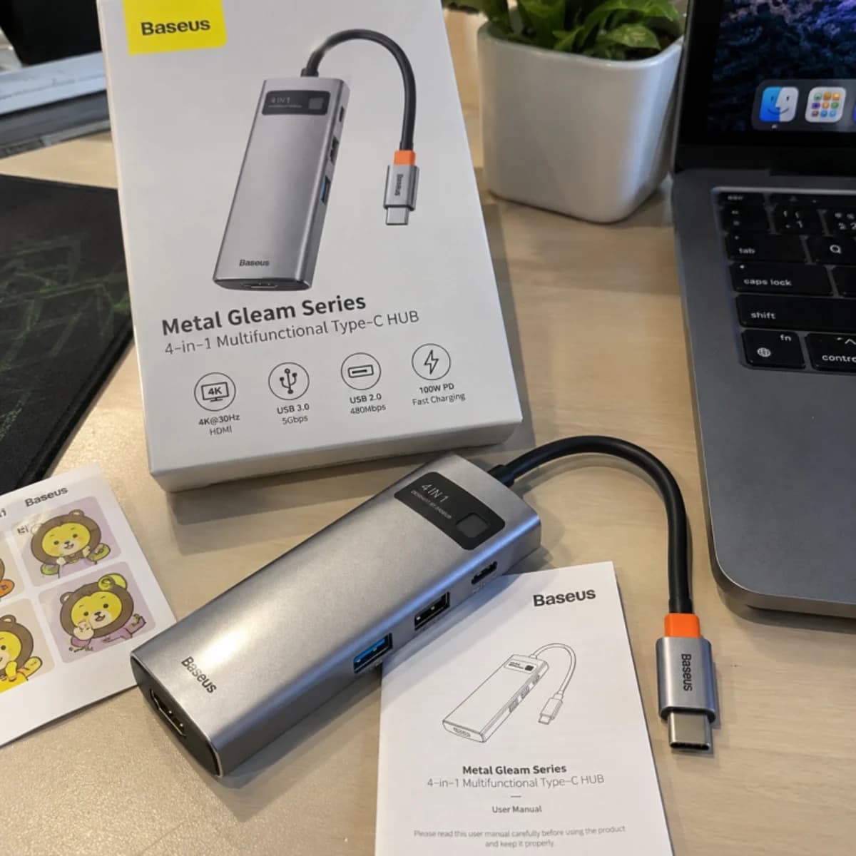 BASEUS METAL GLEAM SERIES 4 IN 1 MULTIFUNCTIONAL TYPE-C HUB DOCKING STATION GREY — view 3