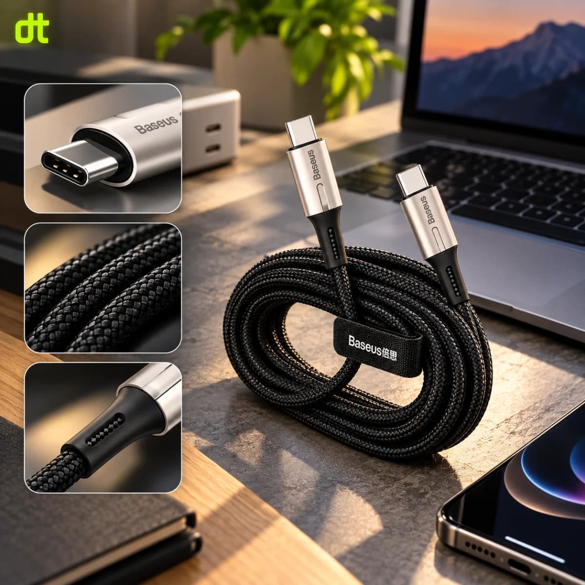 BASEUS CATSD-K01 Water Drop-Shaped Lamp Type-C to Type-C Cable 2M Black — view 2