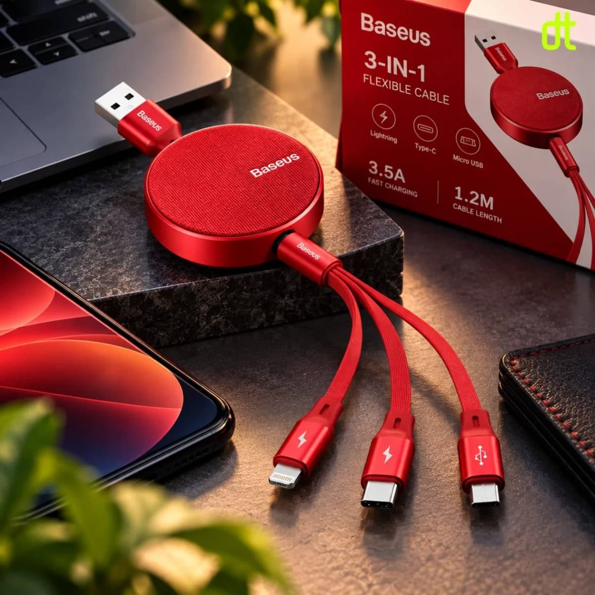 BASEUS Fabric 3-in-1 Flexible Cable USB for Micro USB + Lightning + Type-C 3.5A 1.2M RED