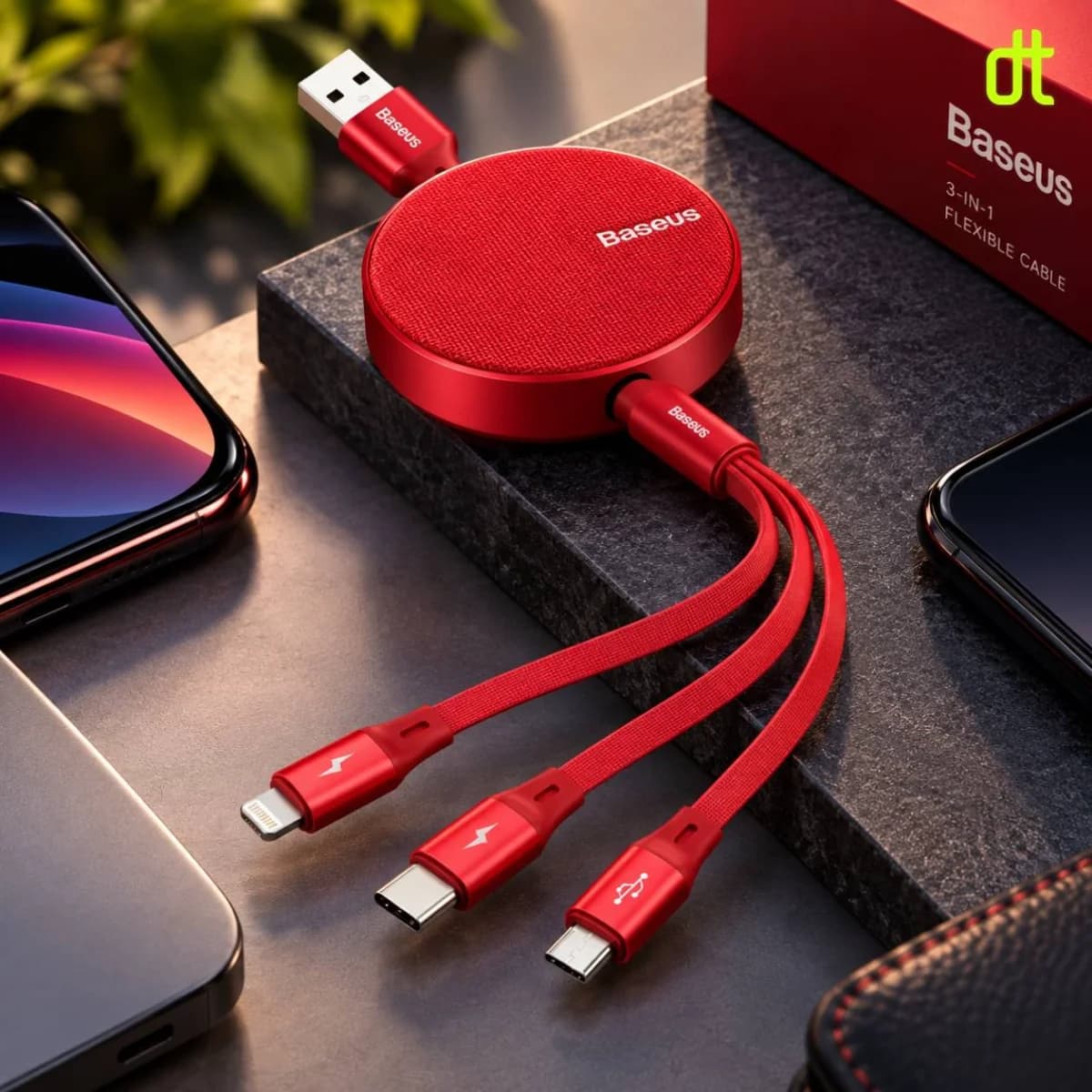 BASEUS Fabric 3-in-1 Flexible Cable USB for Micro USB + Lightning + Type-C 3.5A 1.2M RED — view 2